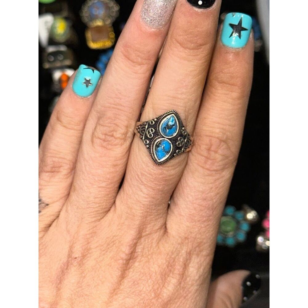 Turquoise 2 Stone Sterling Silver Overlay Ring Size 9